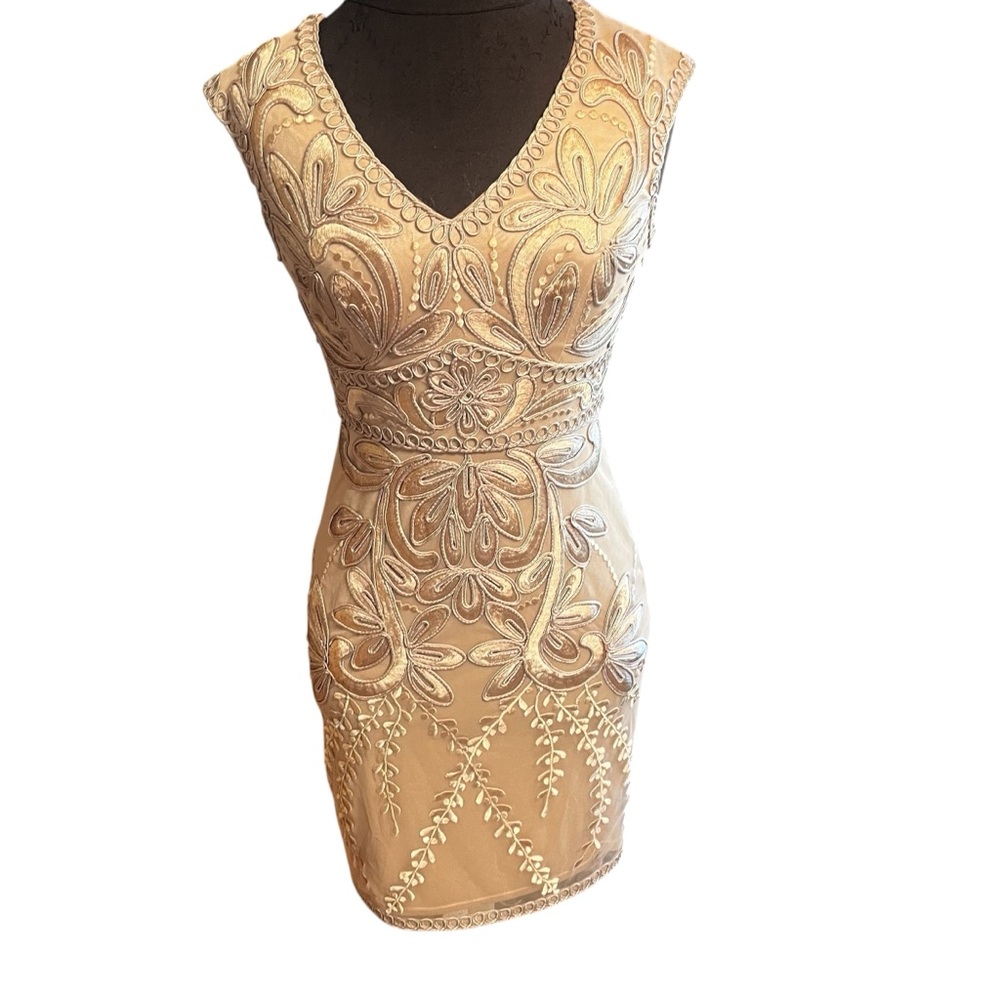 Sue Wong Taupe Nude Ribbon Embroidered Cocktail Dress Size 2
